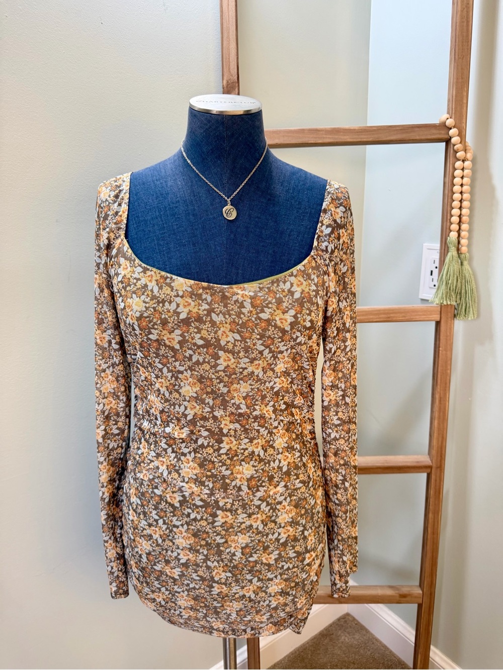 Altar'd State Brown Floral Mesh Long Sleeve Ruched Mini Dress Size Large